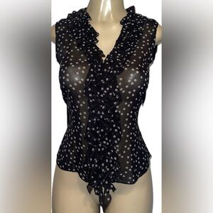i.e. 50s-Inspired Sheer Silk Daisy Blouse Black & White Ruffle Collar Top S NWOT